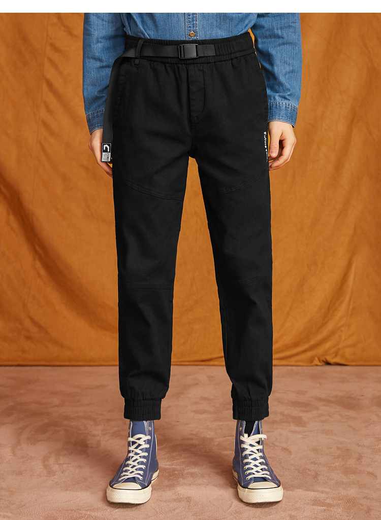三福2020冬季男创意腰带合身工装裤 简约休闲裤萝卜裤男436346 黑色