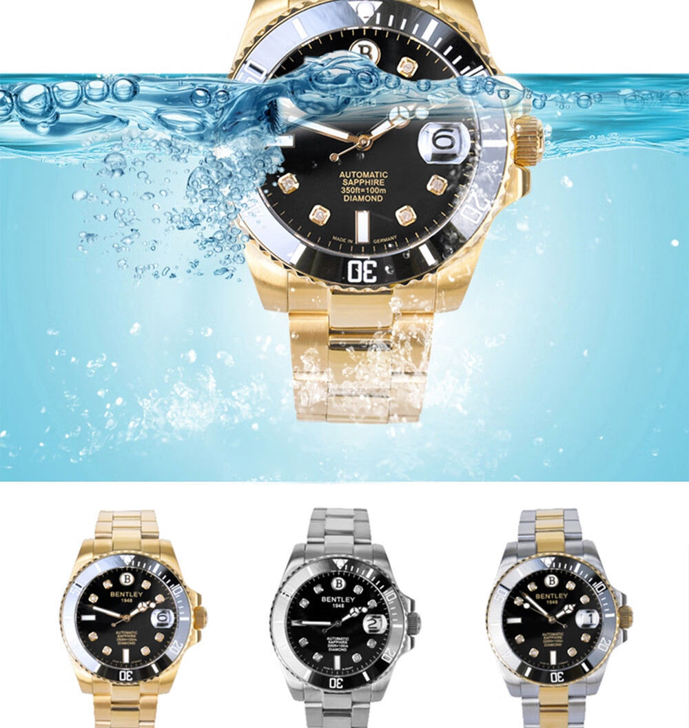 布加迪同款新款德国男士商务运动100米潜水手表 金色bl1839珠佩丽 间