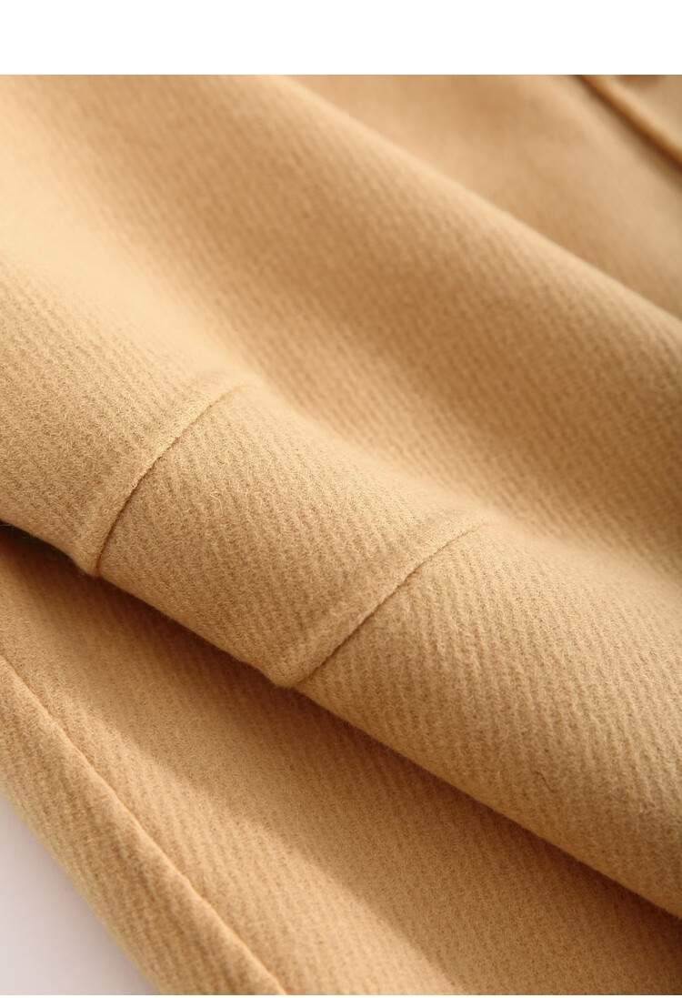 初棉奶酪黄斜纹粗纺学院风连帽双面呢大衣女中长款牛角扣毛呢外套黄格