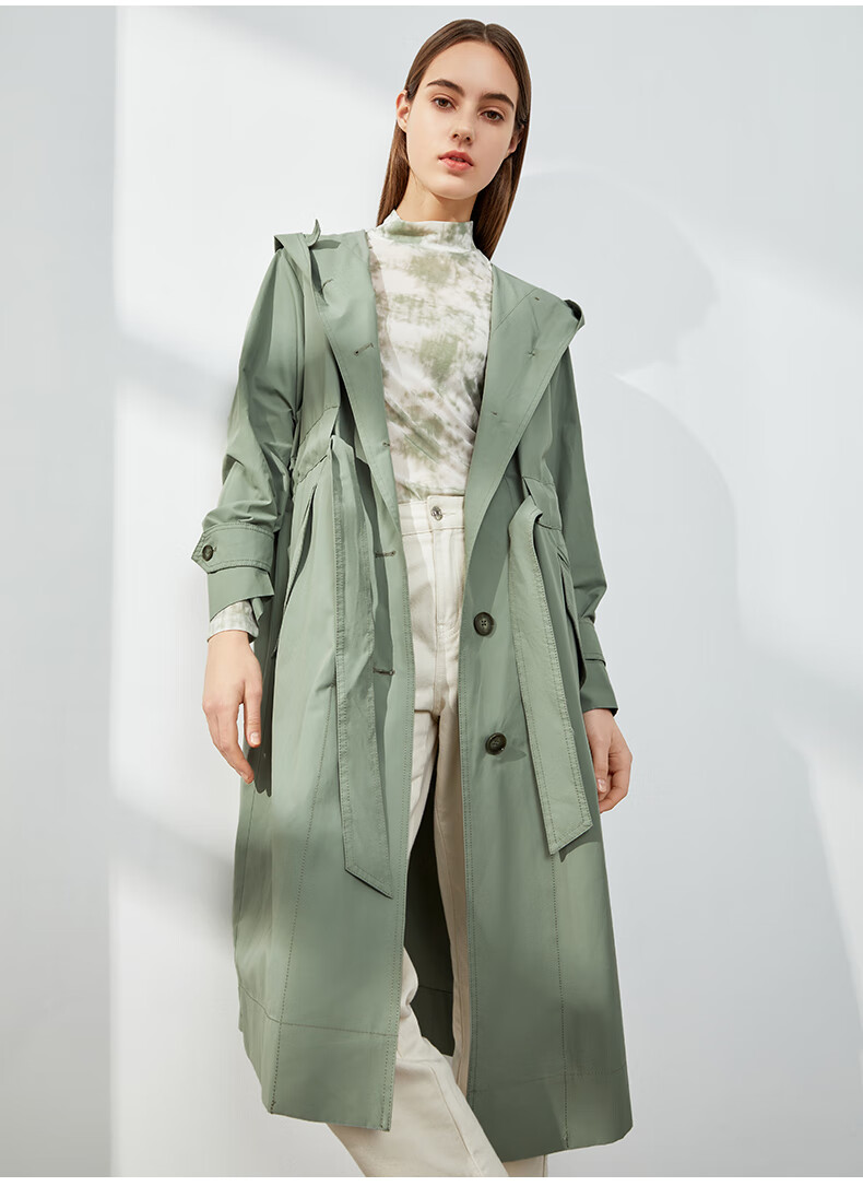 商场同款艾诺丝雅诗春秋新款连帽简约系带风衣显瘦中长款外套女