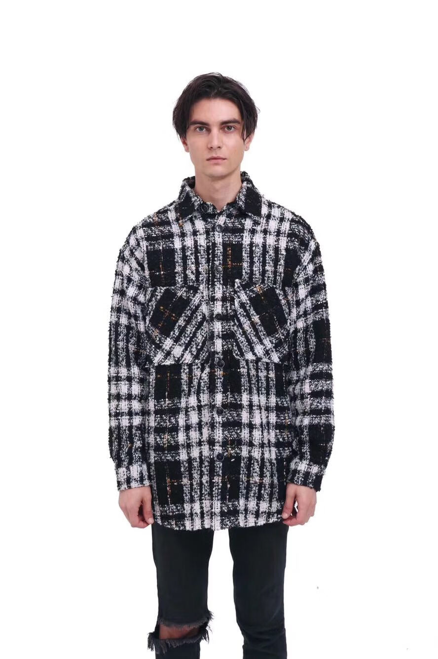 韵泽品牌男装小香风编织衬衫男cl银线羊毛粗花呢格子长袖厚款宽松fc女