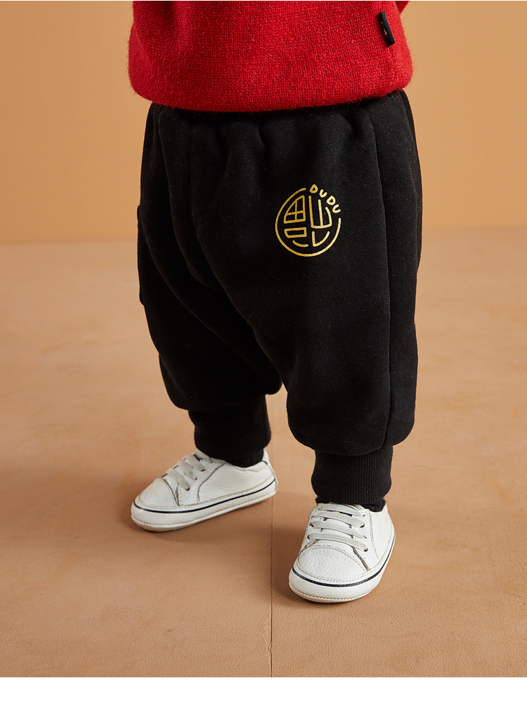 嘟嘟家婴儿加绒裤子过年冬装中国福新年款长裤保暖0-3岁宝宝冬季 黑色