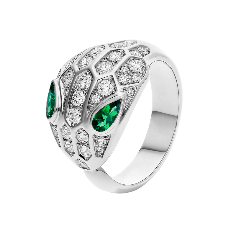 bvlgari宝格丽serpenti系列女士18k白金戒指蛇眼镶祖母绿密镶钻石蛇头