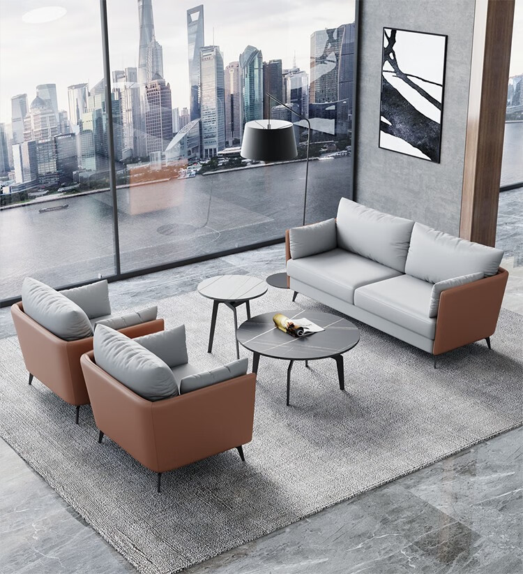 办公室沙发 商务休闲会客售楼处接待部洽谈区单双三人位真皮沙发 现代