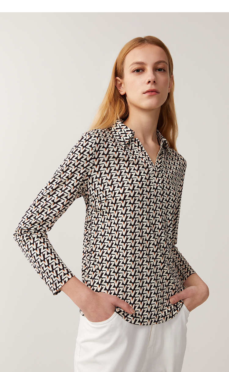 zb珍贝2022春夏新款女装印花桑蚕丝衬衫薄针织真丝通勤ol风格339字母