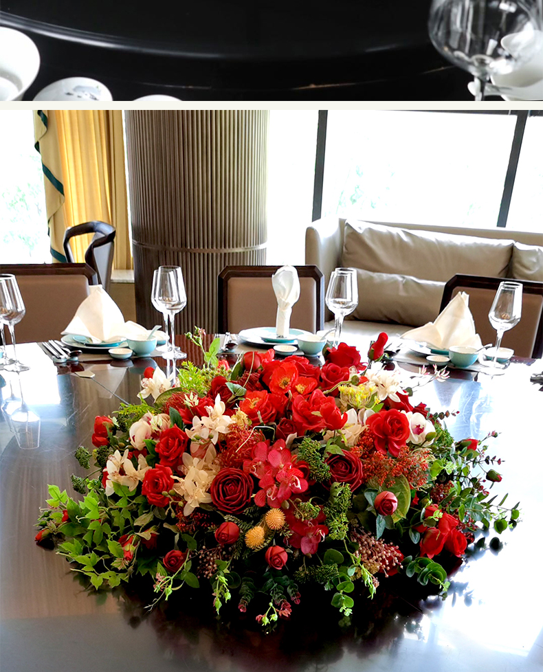 野派酒店餐桌仿真花餐厅桌面圆桌花转盘假花摆件高端现代花艺包厢软装