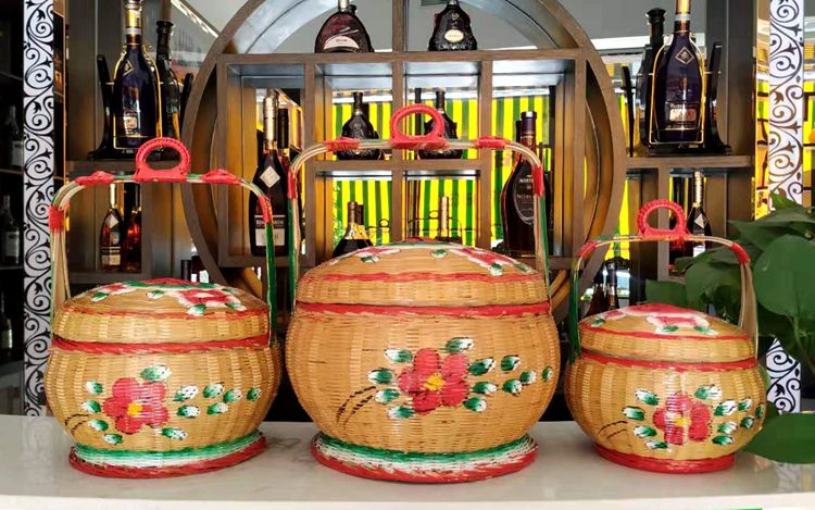 传统潮汕竹花篮 手工彩绘竹艺陪嫁花篮 结婚嫁娶竹篮 拜老爷竹篮 篮口