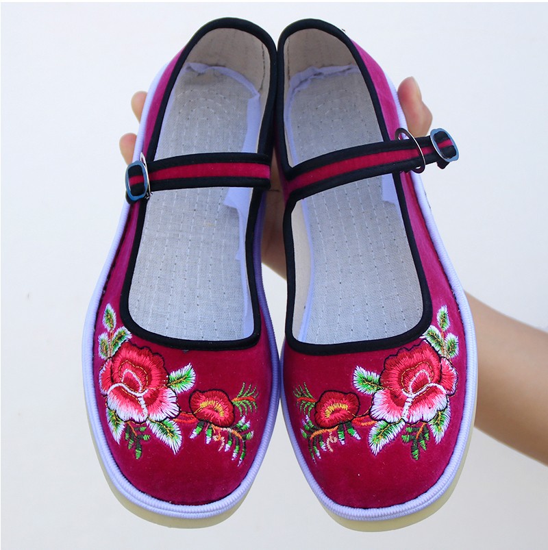 民族风老北京绣花鞋女布鞋绿色花布鞋结婚舞蹈演出用平底纯红色38