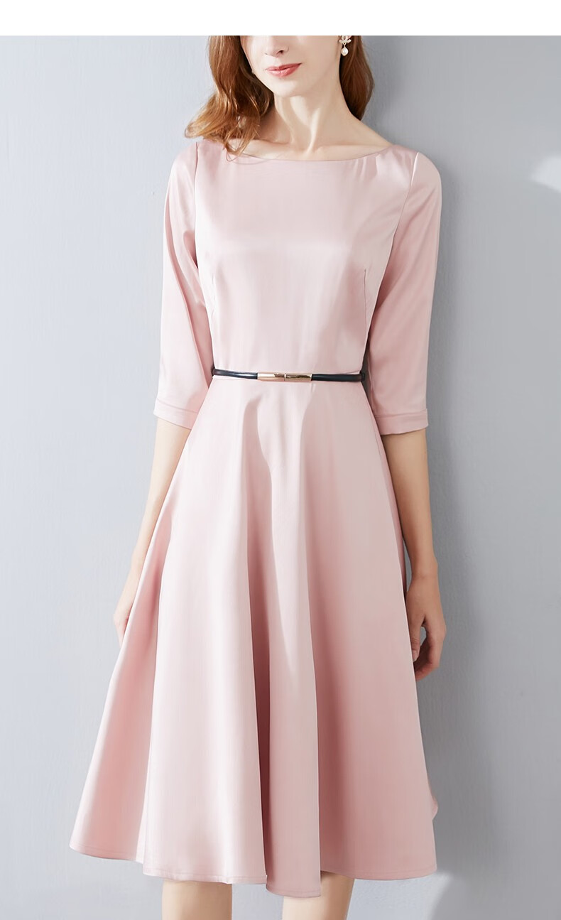 晚白新款时尚简约纯色淑女圆领通勤修身高腰a字连衣裙女粉色2xl