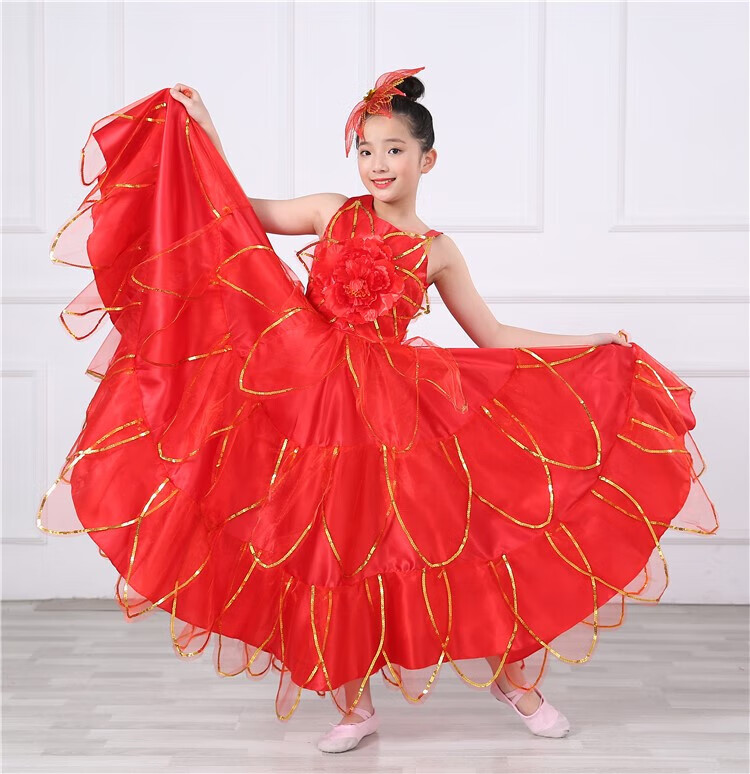 六一斗牛演出服装幼儿园表演西班牙斗牛士大摆裙舞裙开场舞女 玫红色