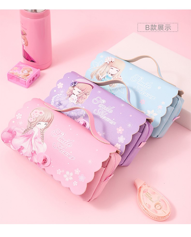 花花姑娘儿童笔袋女小学生可爱大容量简多层文具盒女孩公主的铅笔盒