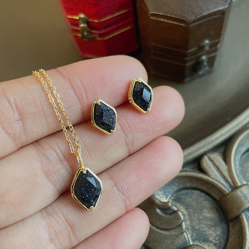 s925银镀金 紫金石 夜星空 梯形 项链 吊坠 耳钉 套装 紫金石项 