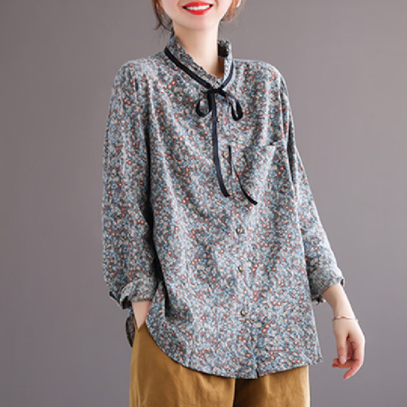 如素慢衣女士文艺碎花棉麻休闲衬衫复古长袖宽松春季新款25488 粉色