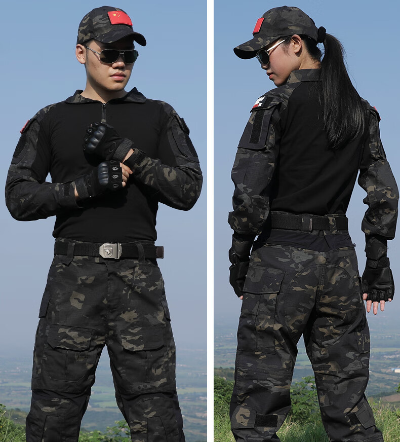 盾郎 大码宽松迷彩服套装男蛙服作训作战野战户外军训服演出服 暗夜