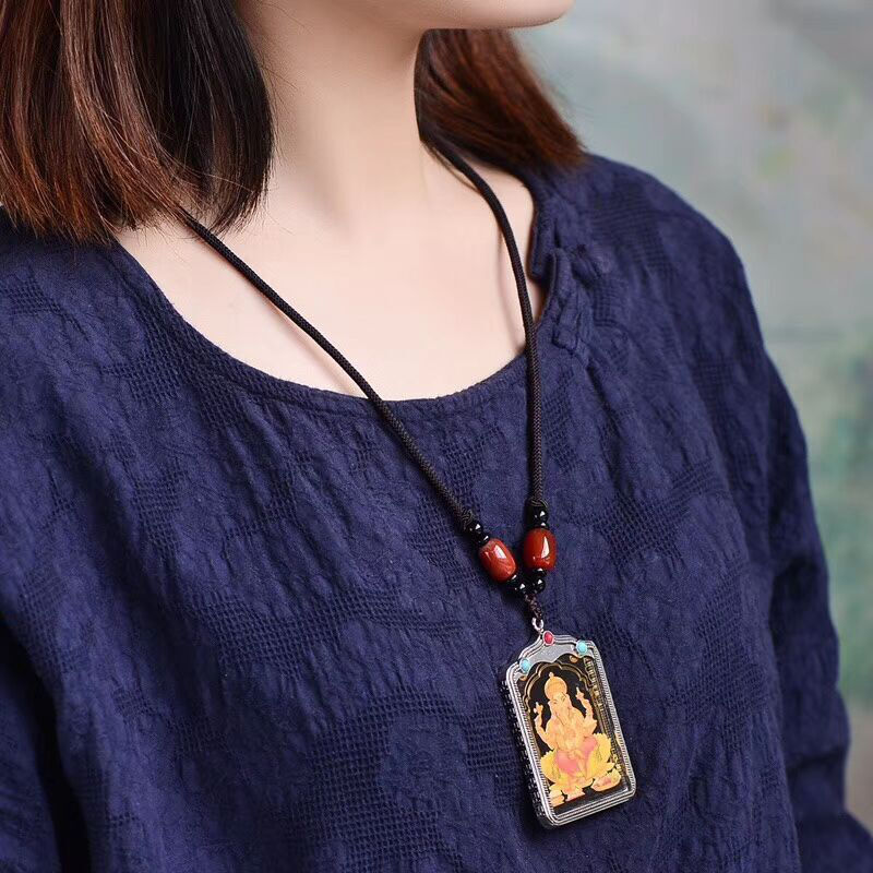 藏传手绘唐卡女财神挂件 西藏佛教佛像吉祥天女吊坠 图片色