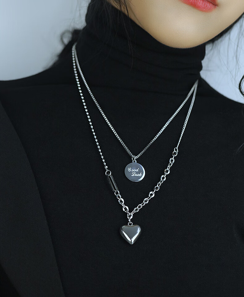 century kindle 小ck爱心圆牌双层项链女礼物小众学生一款两戴锁骨链