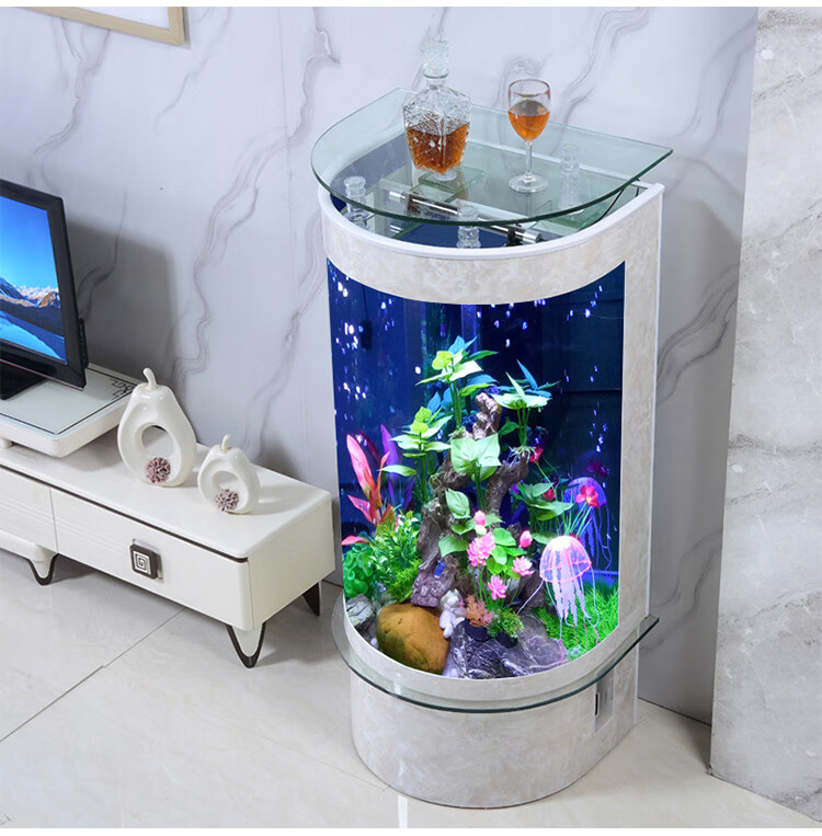 鱼缸客厅小型落地家用 半圆形金鱼缸客厅小型玻璃造景水族箱圆柱立式