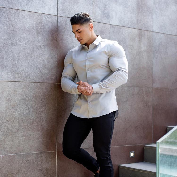 罗蒙官方romon运动肌肉男衬衫健身高弹力长袖兄弟内搭免烫修身英伦