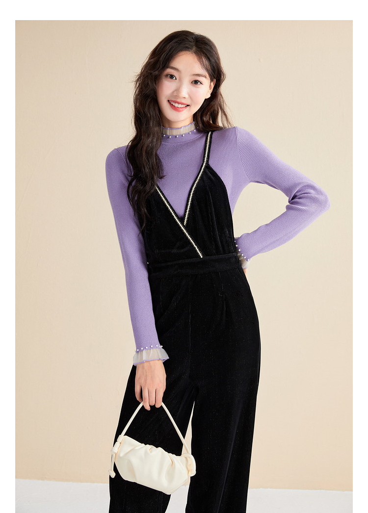 秋水伊人2020年冬季新品女装时尚绒面亮丝设计气质直筒连体裤女 黑色