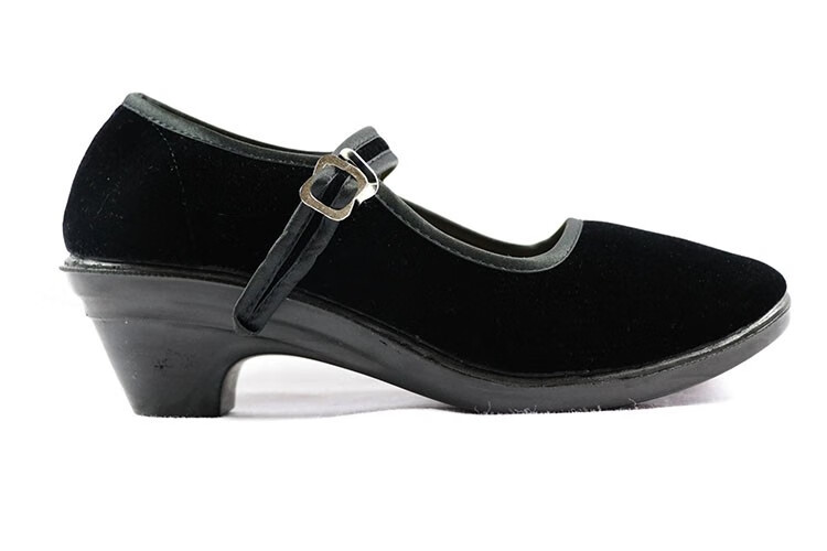 圣誉 工作布鞋黑色女 绒面平底 坡跟 中跟软底舞蹈鞋 浅口职业工装