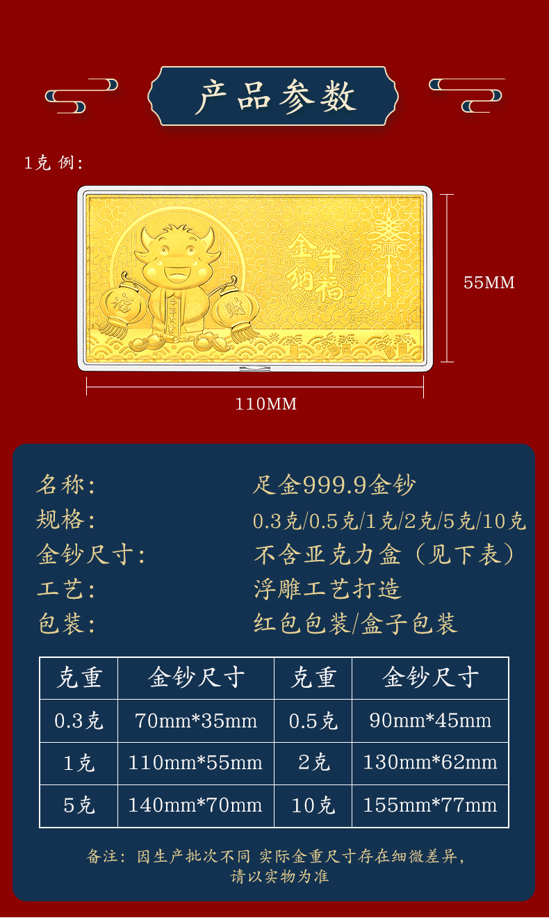 中萃黄金2021牛年金钞红包金条1g足金贺岁纪念钞员工礼物红包企业年会