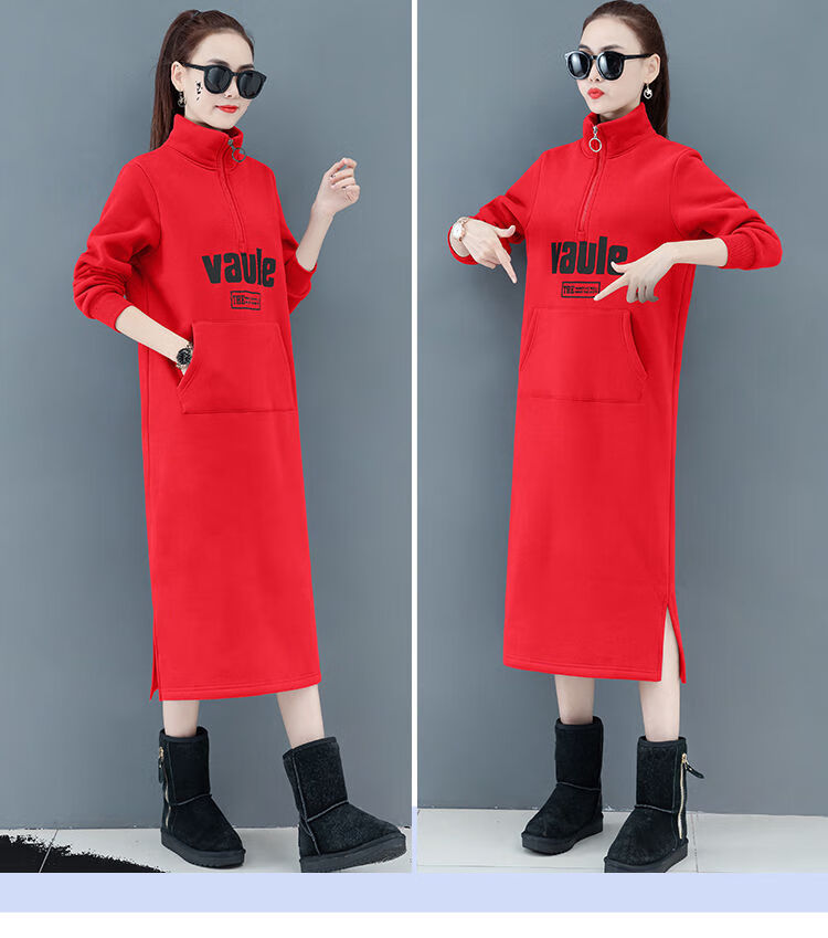 加厚加绒卫衣女2020新款冬天宽松韩版中长款过膝连衣裙潮ins 藕红531