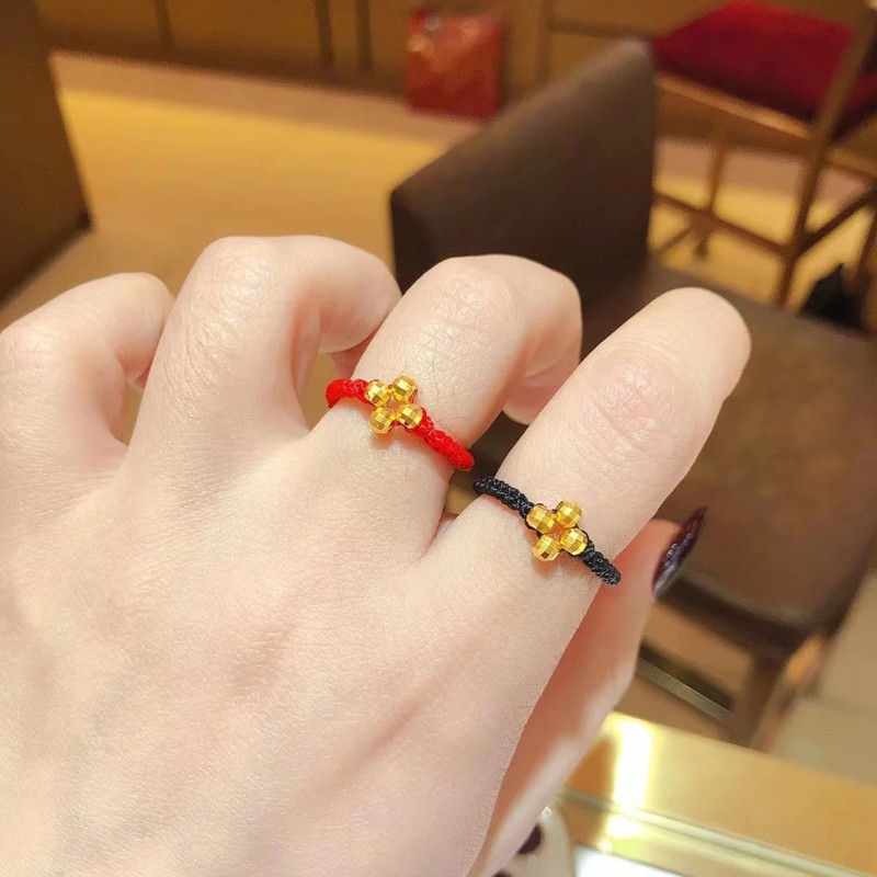 黄金戒指女999足金转运珠幸运草手工编织生日礼物送女友 黄金编织戒指