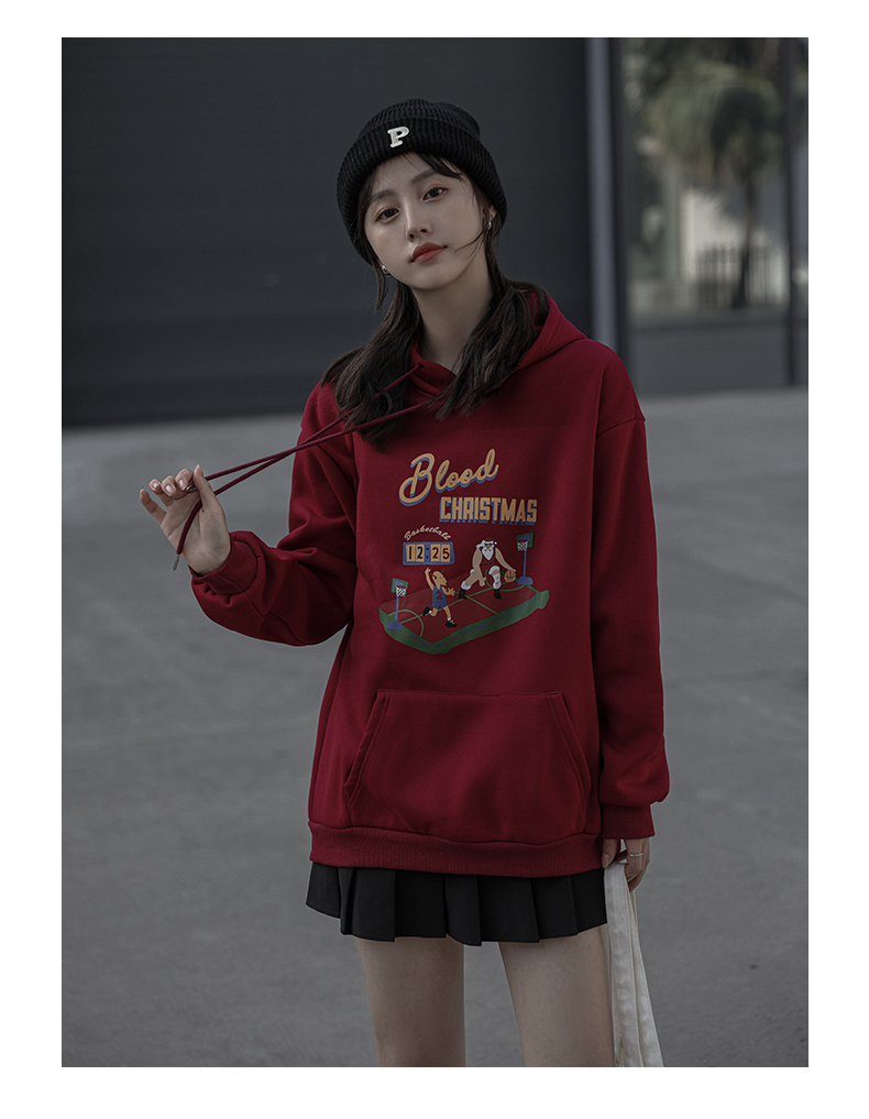 以纯联名同款21酒红色新年连帽卫衣女春秋宽松复古美式加厚小个子2022