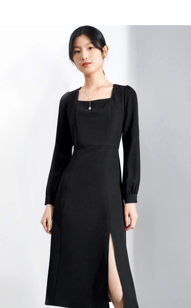 【专营店正品】气质方领灯笼袖开叉连衣裙2021春款女装a字中裙小黑裙