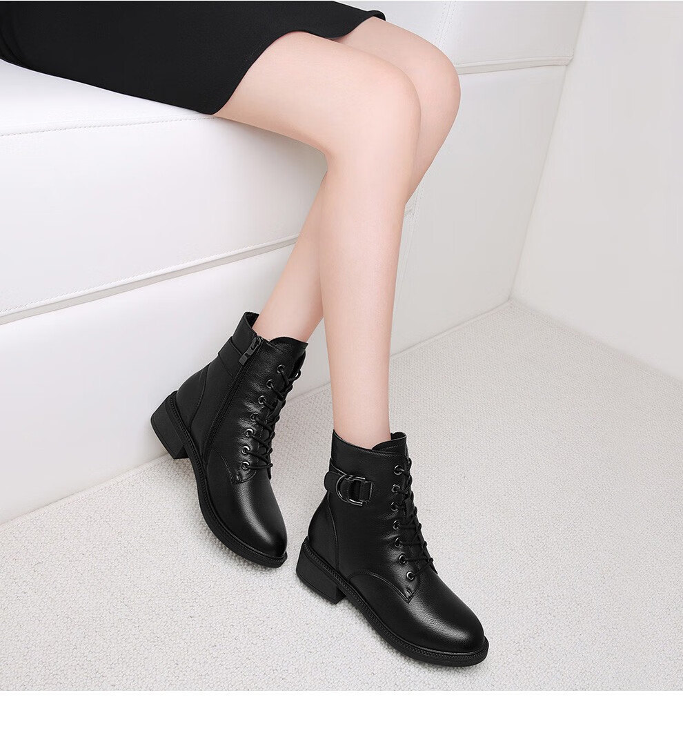 头层牛皮粗跟短靴女真皮马丁鞋女英伦风韩版时尚女靴冬季新款加绒保暖