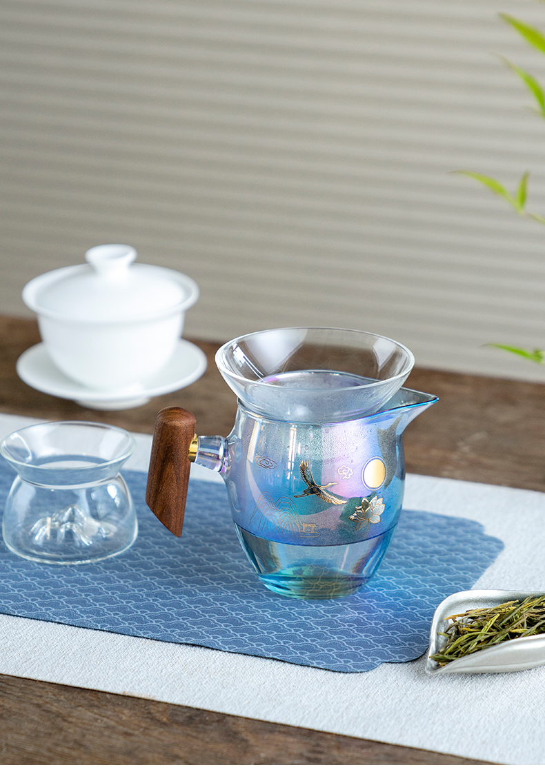 雅集茶具幻彩云鹤木把公道杯茶道杯分茶器耐热玻璃茶具360ml 雅集茶具