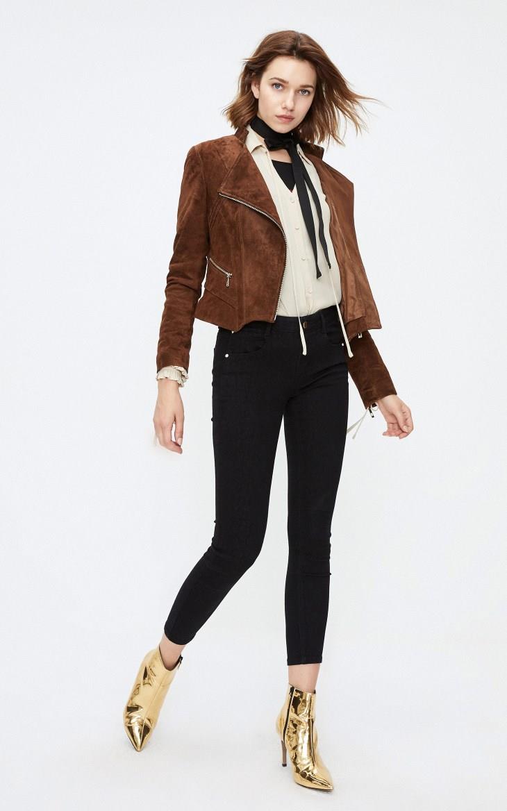 only冬季新款时尚气质修身翻领绒面短款皮衣外套女119310528 s01黑色