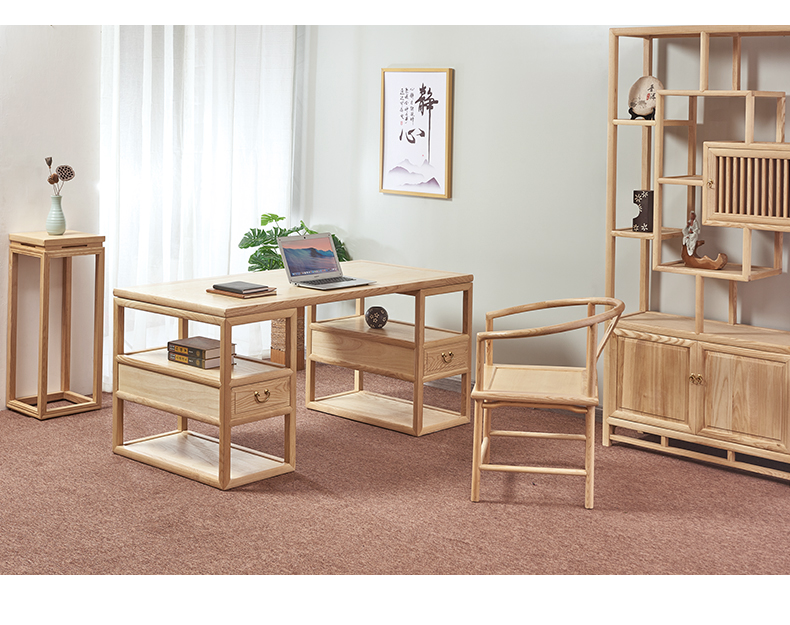 白蜡木新中式书桌椅组合实木书房书画办公现代家具禅意轻奢办公桌1桌1