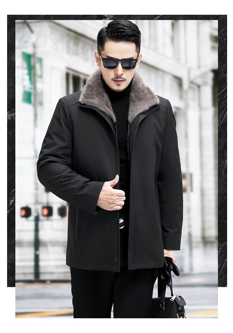 依品诺都 整貂派克服男士翻领中长款皮毛一体海宁水貂皮草尼克服貂皮