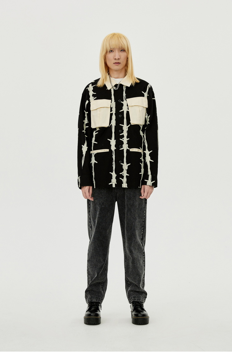 inxxstreetscrewloose21秋新潮牌宽松拼接长袖衬衣衬衫情侣黑色xs