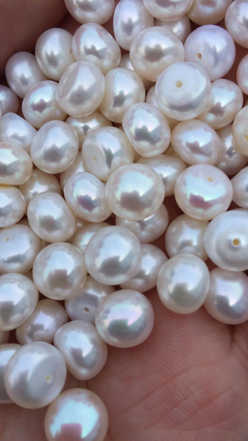 9-10半孔扁圆馒头裸珠散珠淡水珍珠单颗diy耳钉戒指镶嵌 粉红色 一粒