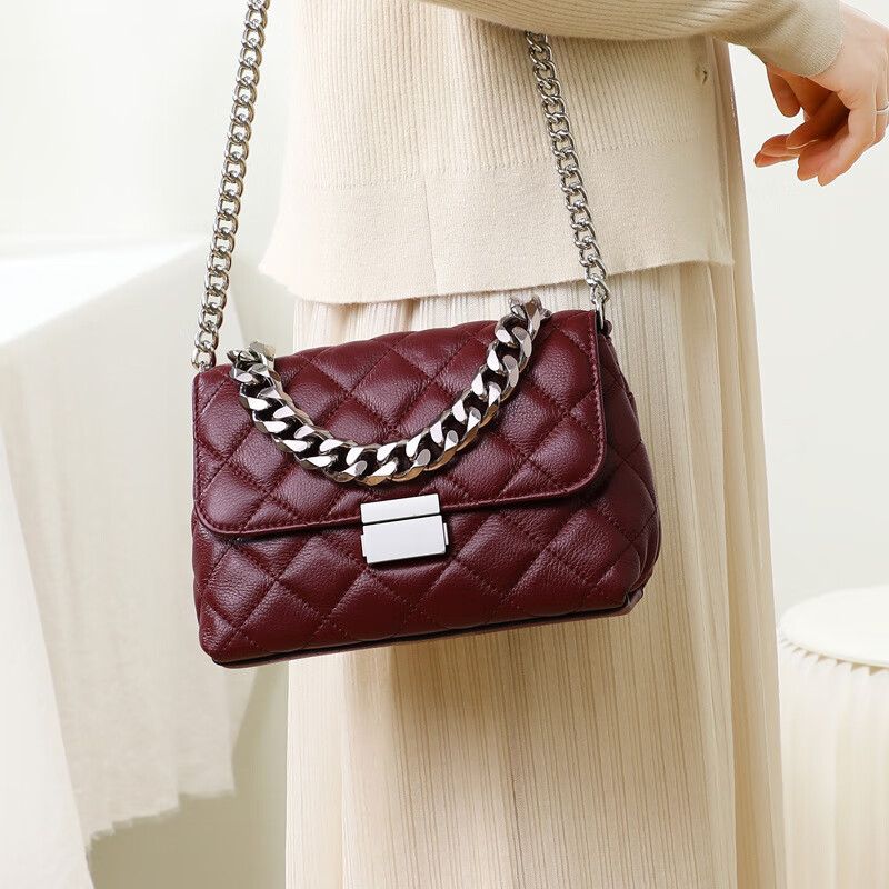 tushky轻奢品牌 包包女包新款2021真皮菱格链条小包简约百搭斜挎包女