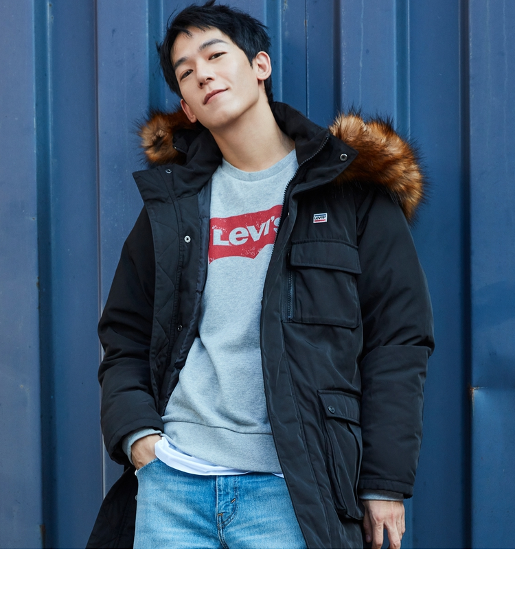 levis李维斯男士中长款大毛领帽子工装休闲羽绒服外套a05510000黑色m
