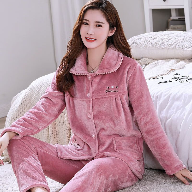 都市丽人女士珊瑚绒韩版睡衣法兰绒加厚加绒秋冬季家居服加大码套装