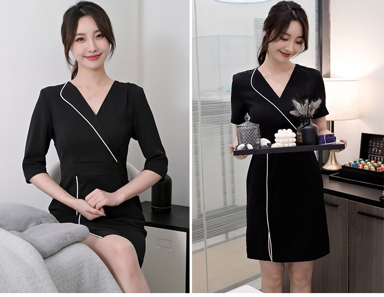足浴技师工作服冬天高端美容师女秋冬美容院服装养生馆连衣裙黑色大码
