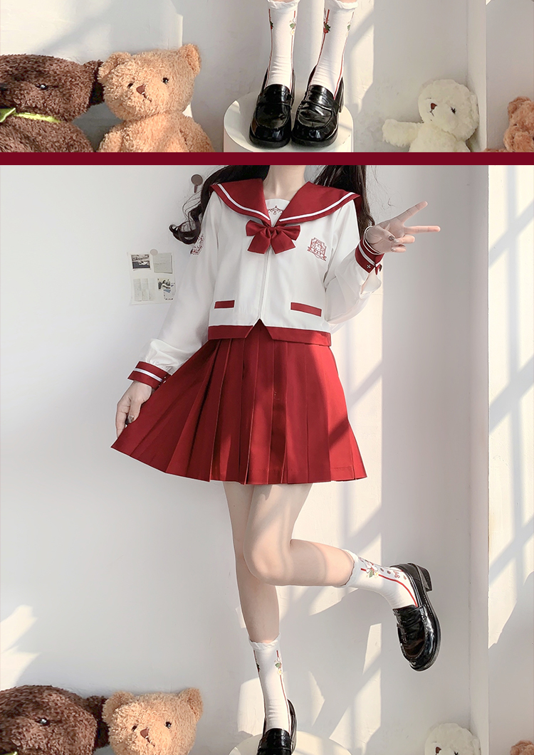 【**jk】原创 **塔 jk制服水手服甜美百褶裙小众日系新年套装 深红色