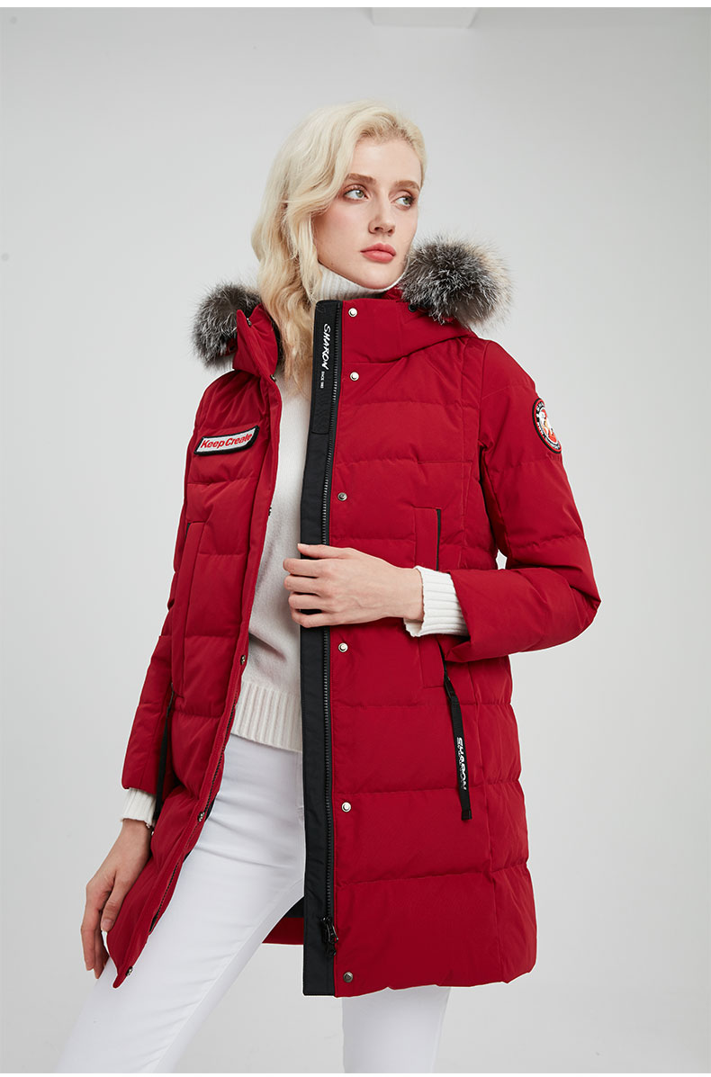 雪伦鹅绒羽绒服女中长款秋冬外套女学生银狐大毛领修身款商场同款