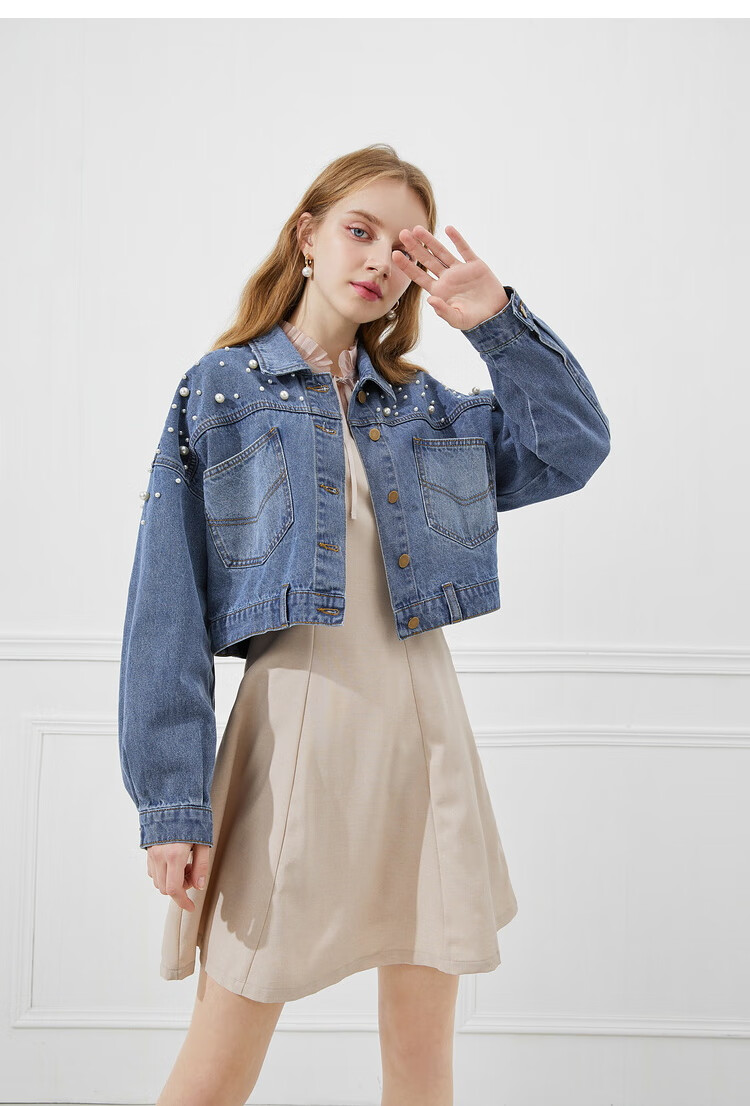 秋水伊人2021年春装新款女装韩版时尚珍珠短款宽松牛仔外套上衣女