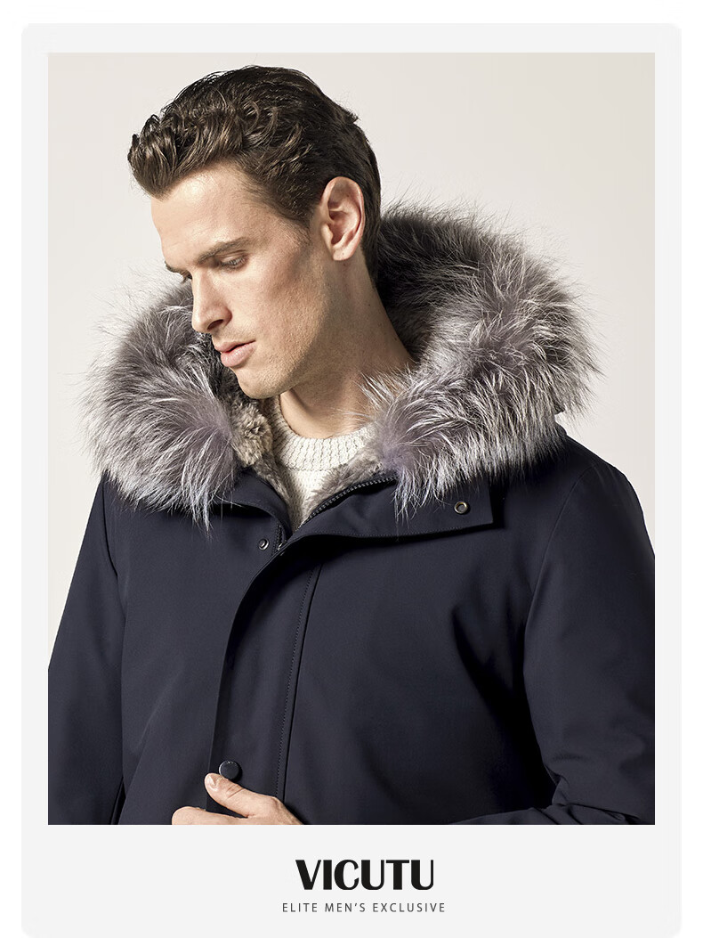 威可多vicutu男士尼克服獭兔毛皮内胆狐狸毛皮帽条大毛领外套男vbw204