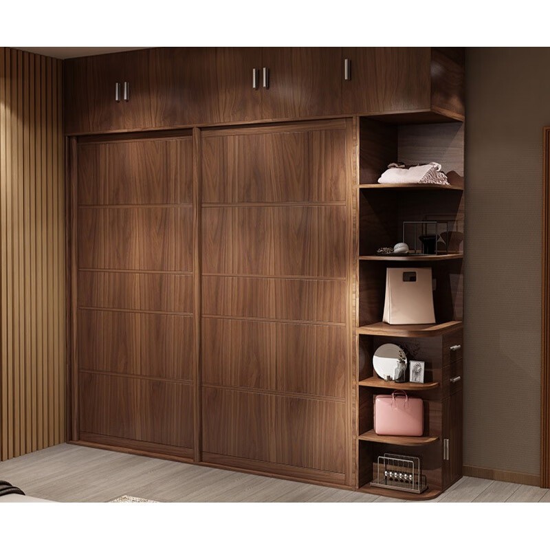 新中式推拉门衣柜移门卧室整体大衣柜简约现代趟门柜子组装衣橱胡桃色