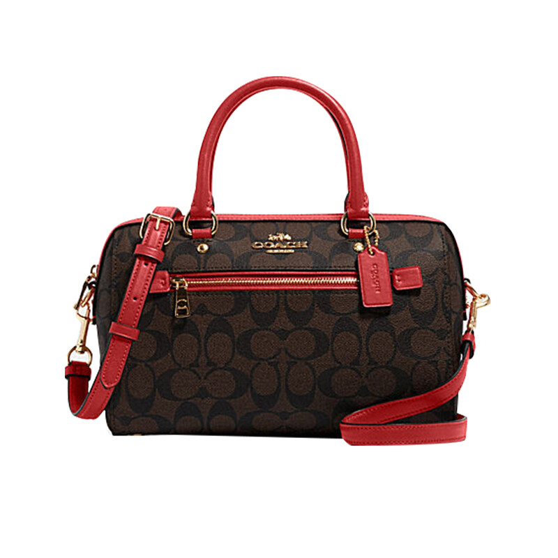 coach蔻驰奥莱中号女士波士顿单肩包斜挎手提枕头包 黑拼老花咖色f8