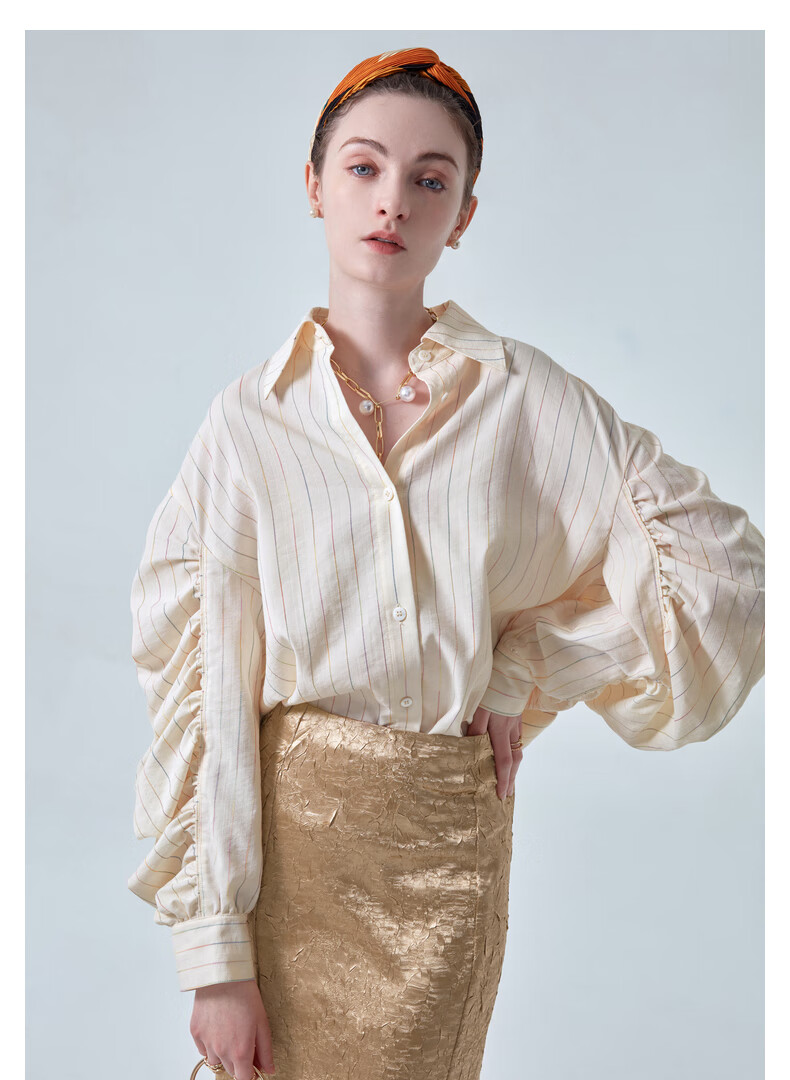 icy2021春季新款甜美风堆堆袖彩条衬衫女通勤长袖个性衬衫 淡米 xs