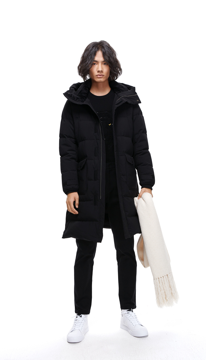 卡宾男装橄榄绿连帽长款羽绒服大衣白鸭绒简约保暖韩版h黑色0148170m