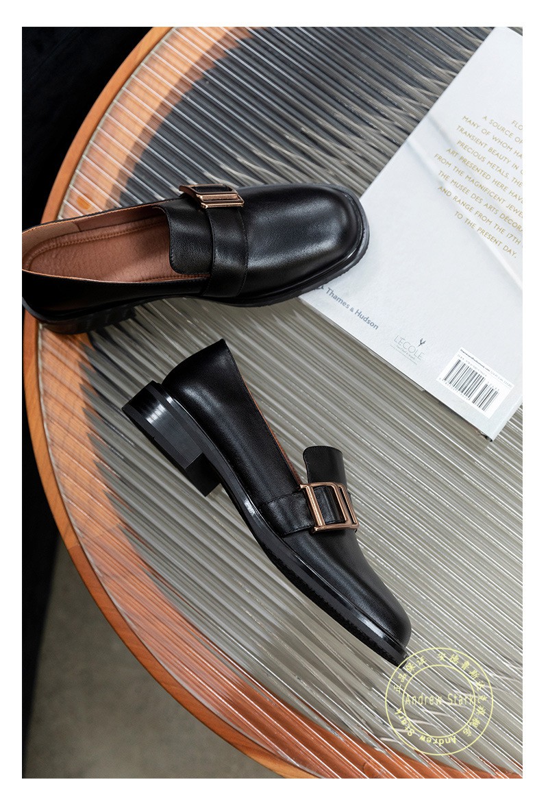 andrew stark品牌单鞋女2021新小皮鞋女低跟方头深口牛皮复古粗跟乐福