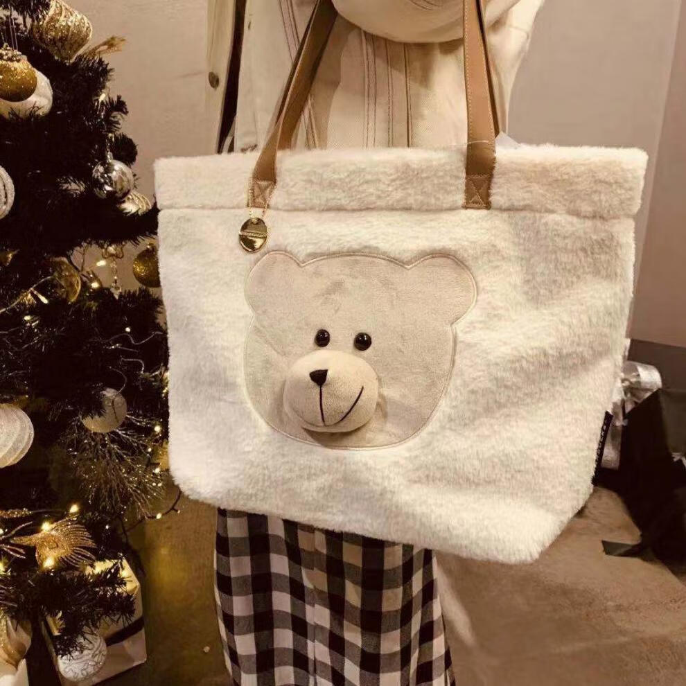 星巴克圣诞福袋新品礼物白棕粉立体小熊拉链毛绒单肩手提托特女士包袋